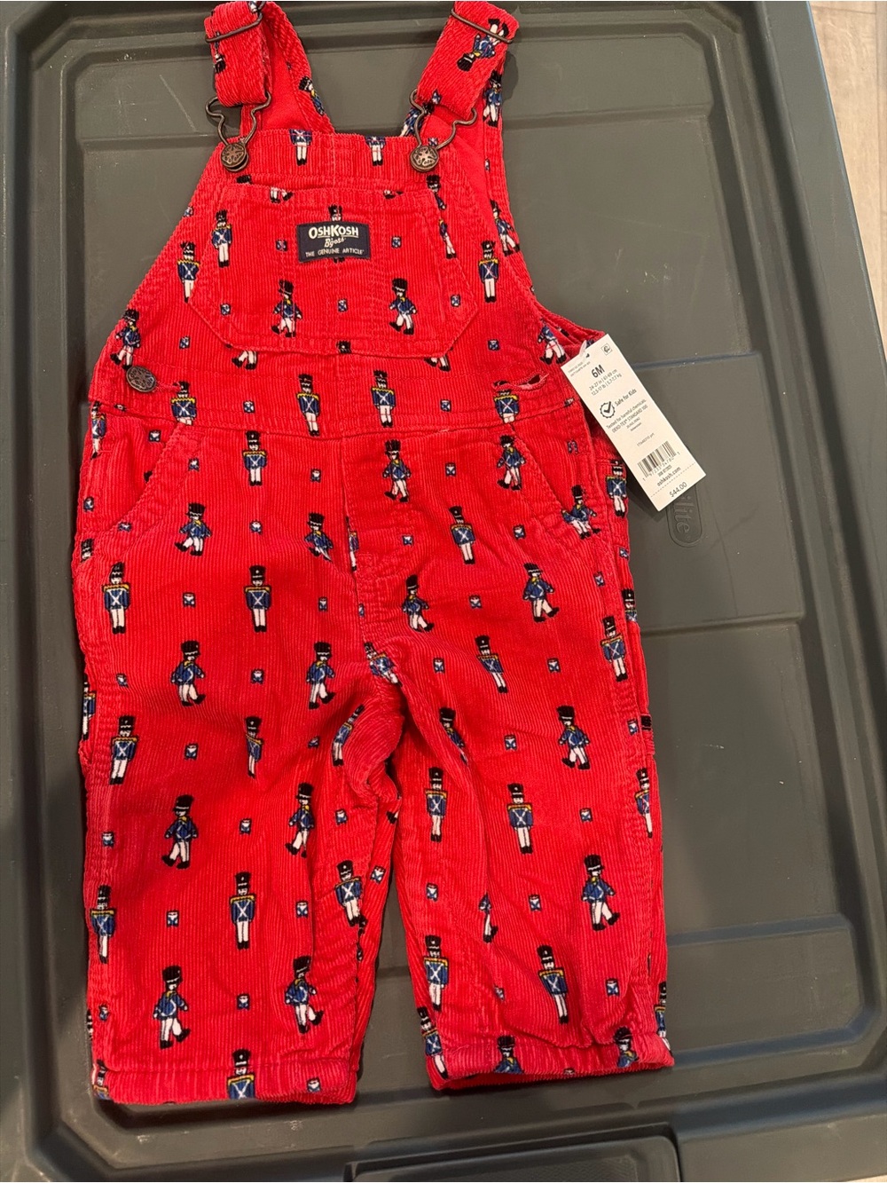 OshKosh B'gosh Red Corduroy Overalls with Toy Soldier Print NWT